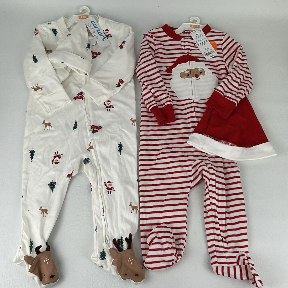 Carter’s Christmas Footed Pajamas Size 9M Set Hat Lot Santa Claus 2 Way Zipper